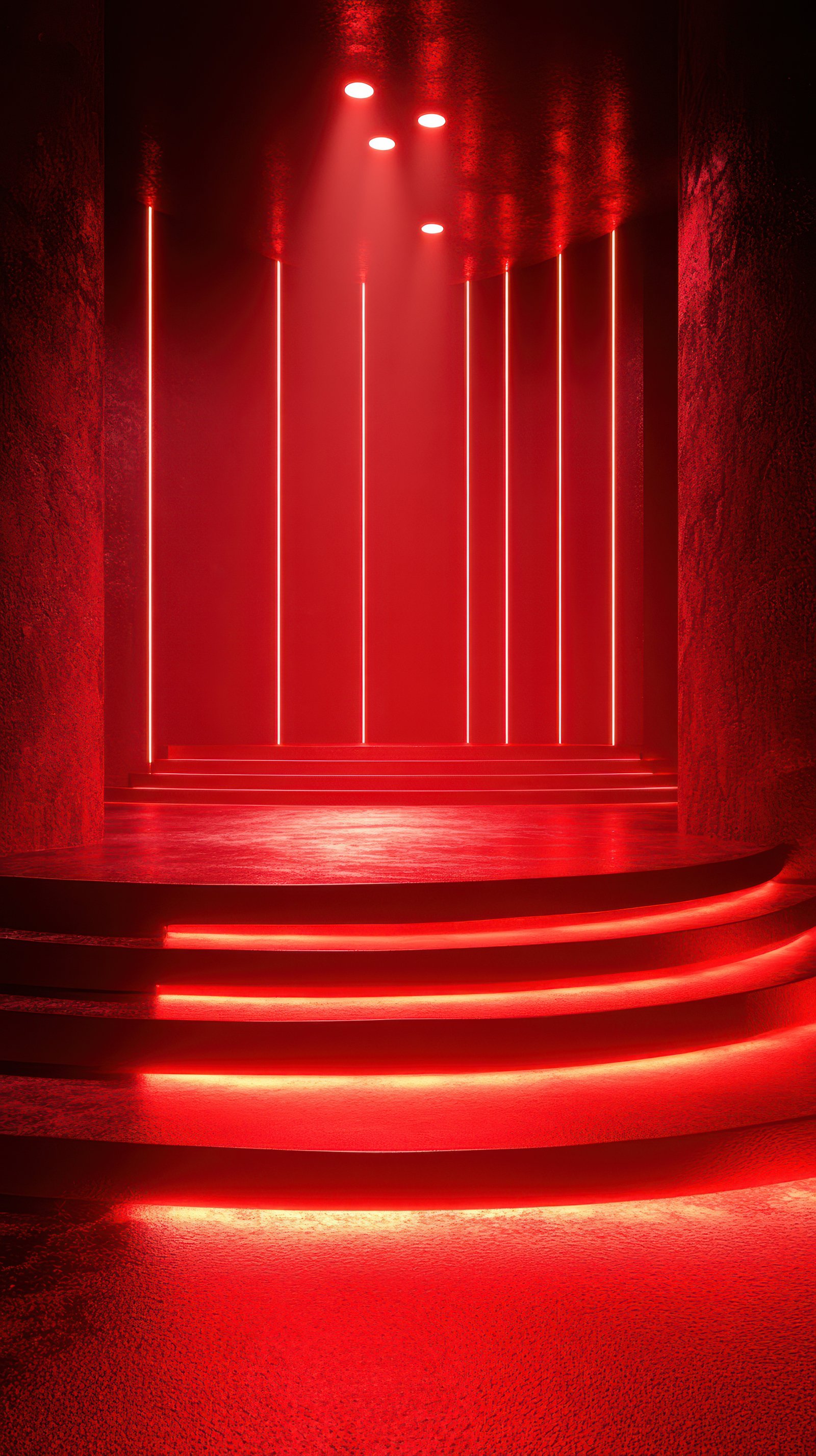 Vibrant red lights illuminate modern staircase in a futuristic space at night